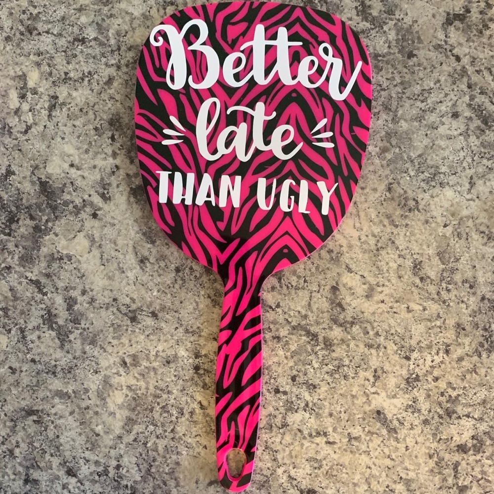 PINK ZEBRA STRIPPED HAND MIRROR